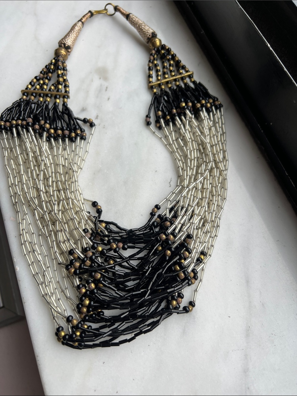 Multi-Strand Black and Silver Beaded Statement Necklace